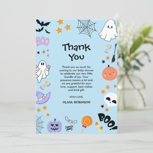 Carte De Remerciements Bleu Un Petit Boo Cute Ghost Baby shower Halloween (Debout devant)