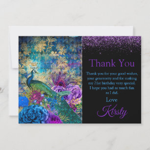 Carte De Remerciements Bleu Vintage et Paon Anniversaire Remerciement Vio