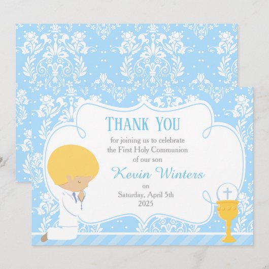 Carte De Remerciements Blonde Boy Première Communion Damask (Devant / Derrière)