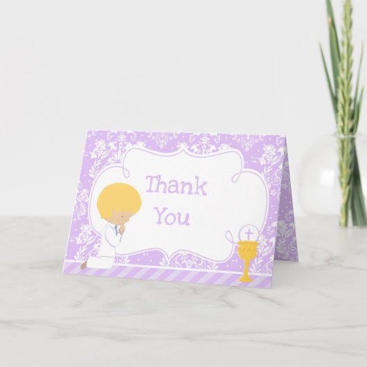 Carte De Remerciements Blonde Boy Première Communion Damask 'Merci' (Devant)