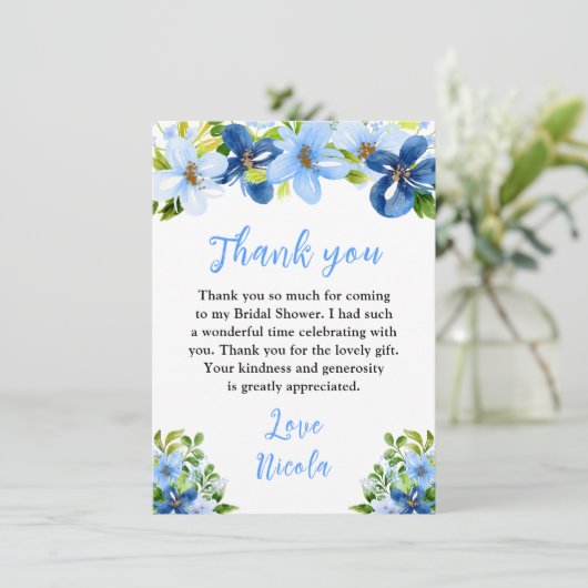 Carte De Remerciements Blue and Navy Flowers with Foliage Bridal Shower (Debout devant)