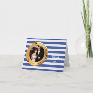 Carte De Remerciements Blue and White Nautical Port Hole Frame Wedding