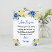 Carte De Remerciements Blue and Yellow Floral Bridal Shower (Debout devant)