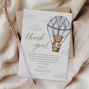 Carte De Remerciements Blue Bear Hot Air Balloon Boys 1er anniversaire
