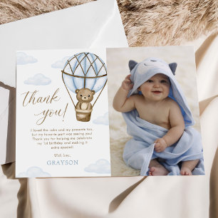 Carte De Remerciements Blue Bear Hot Air Balloon Boys 1er Birthday Photo