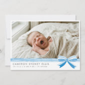 Carte De Remerciements Blue Bow Modern Minimalist Script Baby Photo Birth (Devant)