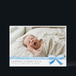 Carte De Remerciements Blue Bow Modern Minimalist Script Baby Photo Birth<br><div class="desc">This baby boy birth announcement card features a sweet newborn photo accented with a soft blue ribbon bow and delicate stripe detail. The clean layout highlights your baby’s name and birth details while keeping the focus on the photo. A timeless design that feels classic yet fresh, perfect for sharing the...</div>