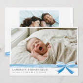 Carte De Remerciements Blue Bow Modern Minimalist Script Baby Photo Birth (Devant / Derrière)