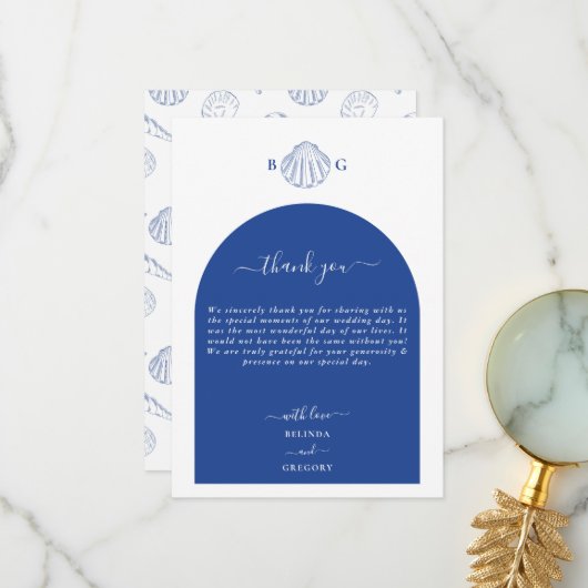 Carte De Remerciements Blue Clam Seashells Coastal Seaside Beach Wedding (Devant/Arrière en situation)