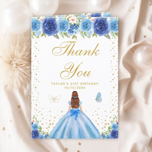 Carte De Remerciements Blue Floral Brown Coiffeuse Fille Anniversaire