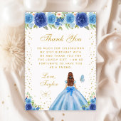 Carte De Remerciements Blue Floral Brown Hair Princess Anniversaire