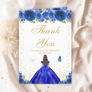 Carte De Remerciements Blue Floral Brunette Coiffeuse Fille Anniversaire
