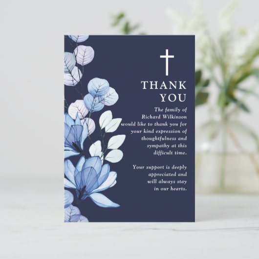 Carte De Remerciements Blue Floral Christian Célébration De La Vie Photo (Debout devant)