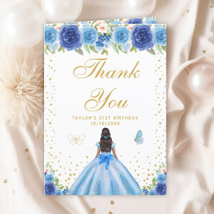 Carte De Remerciements Blue Floral Dark Skin Girl Fête d'anniversaire