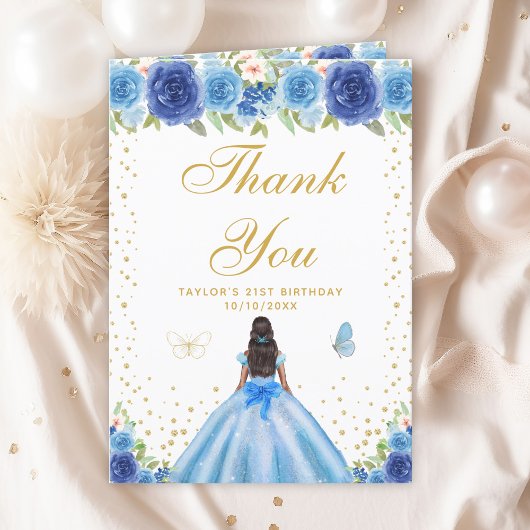 Carte De Remerciements Blue Floral Dark Skin Girl Fête d'anniversaire