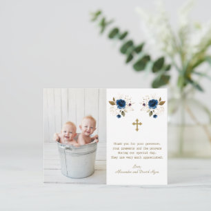 Carte De Remerciements Blue Floral Photo Boys Twins Gold Cross Baptême