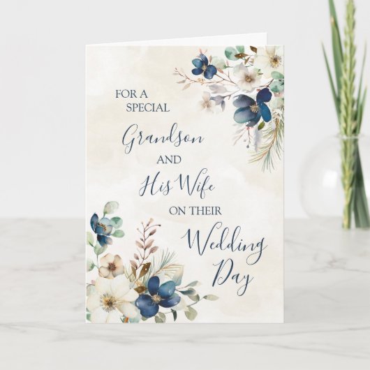 Carte De Remerciements Blue Floral Wedding Day Grandson and Wife card (Devant)