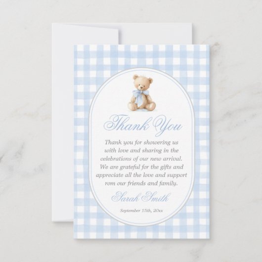Carte De Remerciements Blue Gingham Bear Grand millennial (Devant)