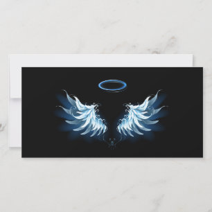Carte De Remerciements Blue Glowing Angel Wings on black background