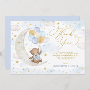 Carte De Remerciements Blue Gold Teddy Bear Lune Ballons Nuages Etoiles