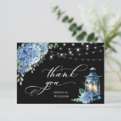 Carte De Remerciements Blue Hydrangea Floral Lanterne noir Boho Mariage (Debout devant)