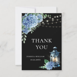 Carte De Remerciements Blue Hydrangea Floral Lanterne noir Boho Mariage