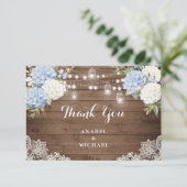 Carte De Remerciements Blue Hydrangea Rustic Bois String Mariage clair (Debout devant)