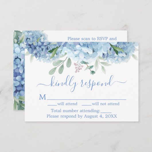 Carte De Remerciements Blue Purple Hydrangeas Floral Wedding RSVP QR Code (Devant / Derrière)