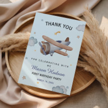 Blue Vintage Airplane First Birthday Thank You