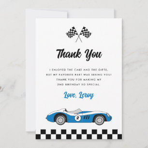 Carte De Remerciements Blue Vintage Race Car Boy 2e fête d'anniversaire