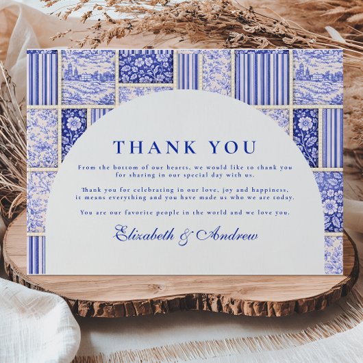 Carte De Remerciements Blue White Patchwork Toile Wedding