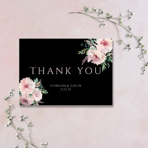 Carte De Remerciements Blush & Black Elégant Aquarelle Florale