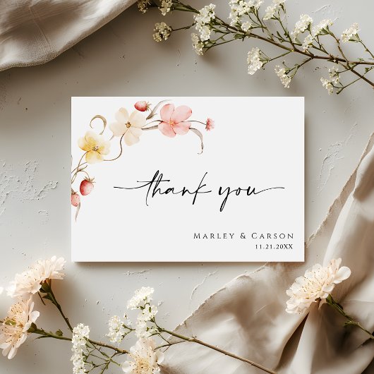 Carte De Remerciements Blush Floral Wildflower Elegant Script Wedding