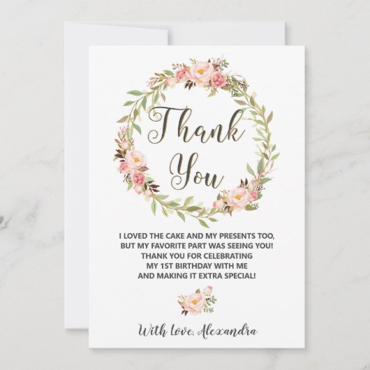 Carte De Remerciements Blush Floral Wreath ONE 1er Anniversaire Chic (Devant)