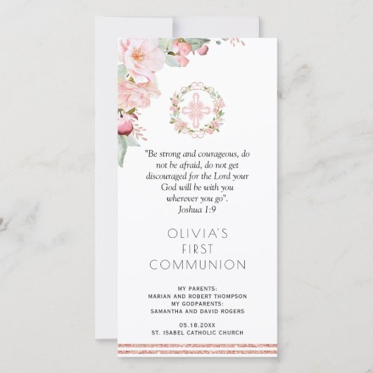 Carte De Remerciements Blush, Mint Floral Premier Signet de communion Fav (Devant)