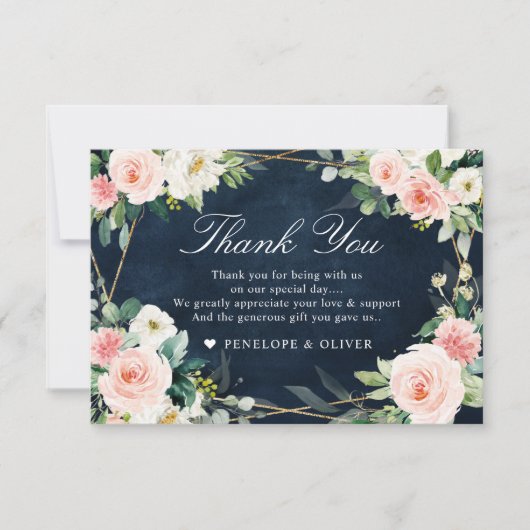 Carte De Remerciements Blush Navy Dusty Blue Floral Mariage botanique (Devant)