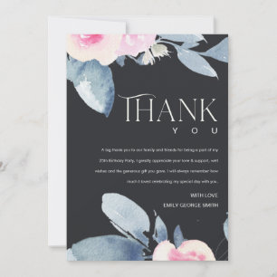 CARTE DE REMERCIEMENTS BLUSH NOIR DOUX BLEU FLORAL 25ÈME ANNIVERSAIRE TOU