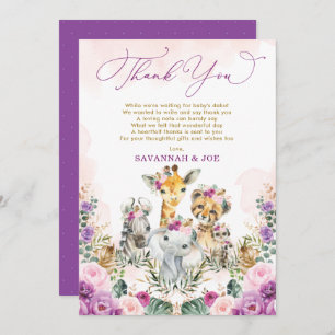 Carte De Remerciements Blush Purple Floral Jungle Safari Baby shower fill