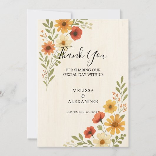 Carte De Remerciements Boho aquarelle fleurs photo mariage (Devant)