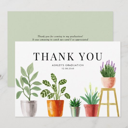 Carte De Remerciements Boho Aquarelle Poted Houseplants Graduation (Devant / Derrière)