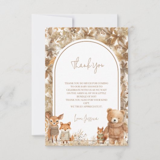 Carte De Remerciements Boho Arch Automne Bois Baby shower Animaux (Devant)