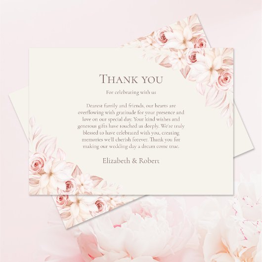 Carte De Remerciements Boho Beige et rose Roses Mariage