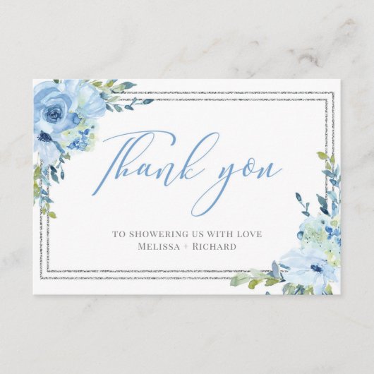 Carte de remerciements Boho Blue floral argent bab (Devant)
