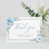 Carte de remerciements Boho Blue floral argent bab (Debout devant)
