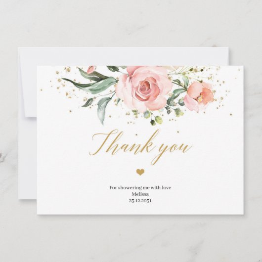 Carte De Remerciements Boho Blush rose floral eucalyptus or Bride (Devant)