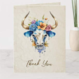 Carte De Remerciements Boho Chic Aquarelle Floral Vache Mariage crâne