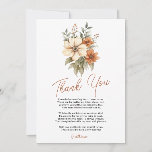 Carte De Remerciements Boho Chic Bouquet Floral en Terracotta pour Enterr (Devant)