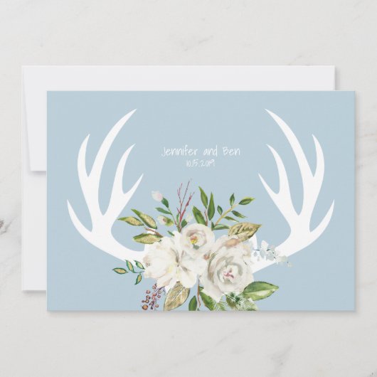Carte De Remerciements Boho Chic Floral Antlers Mariage Bleu (Devant)