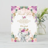 Carte De Remerciements Boho Elephant Blush rose violet Baby shower Floral (Debout devant)