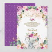 Carte De Remerciements Boho Elephant Blush rose violet Baby shower Floral (Devant / Derrière)